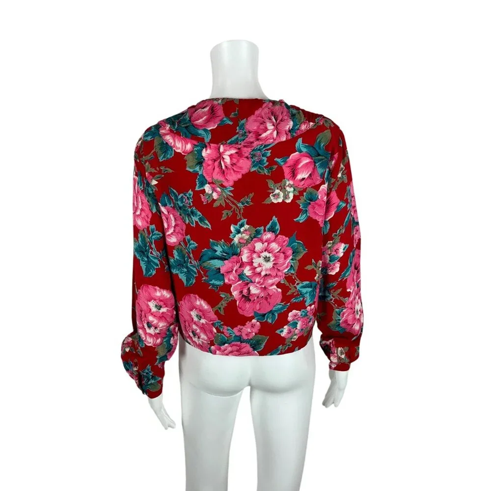 Vintage 90s Floral Blouse Women's Medium Red Pink Print Rayon Necktie Top - Picture 8 of 11